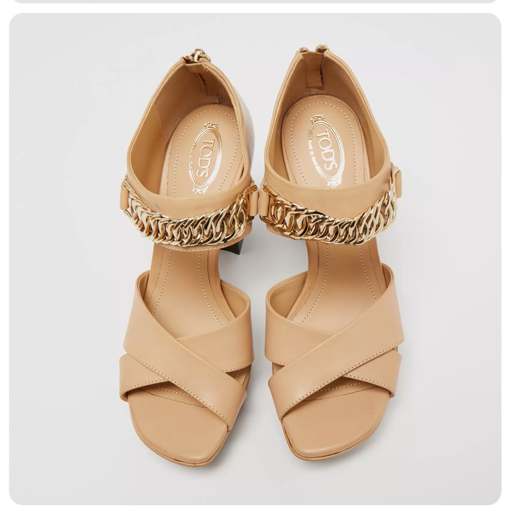 Tod’s Tan Leather Gold Chain Link Platform Sandals Size 8